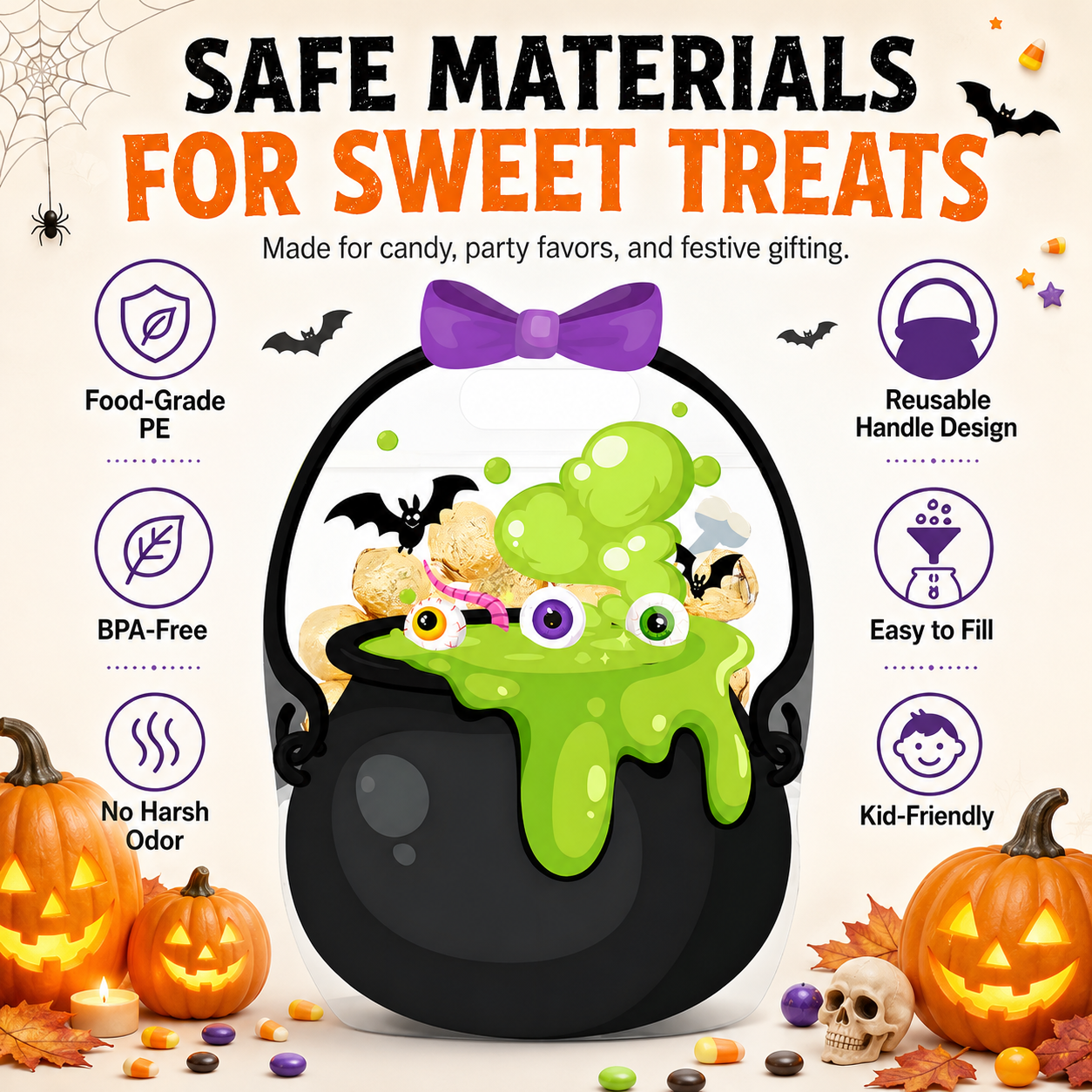 🎃 Halloween Self-Sealing Treat Bags – Pumpkin & Green Pot Candy Gift Pouches 🍬
