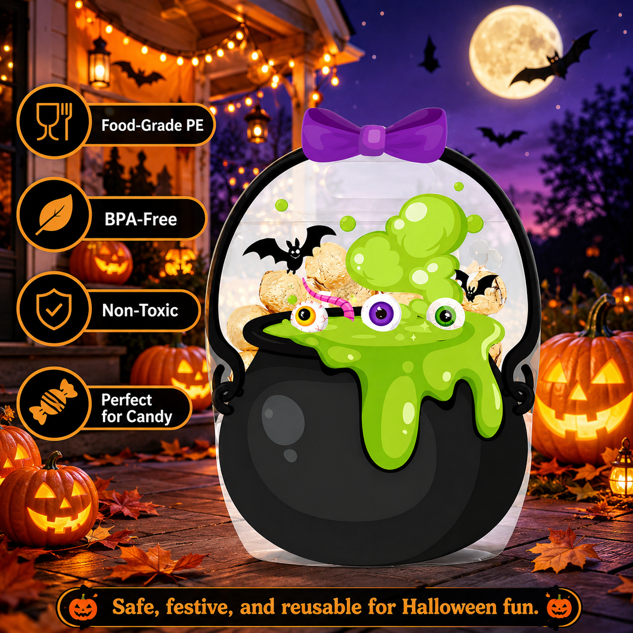🎃 Halloween Self-Sealing Treat Bags – Pumpkin & Green Pot Candy Gift Pouches 🍬
