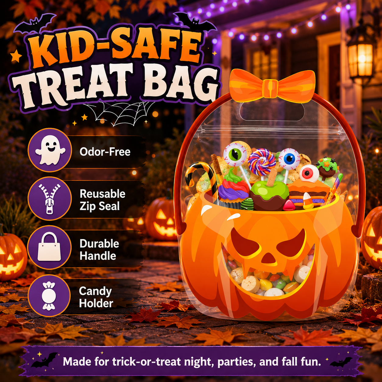 🎃 Halloween Self-Sealing Treat Bags – Pumpkin & Green Pot Candy Gift Pouches 🍬