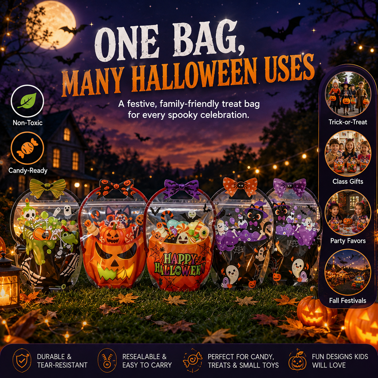 🎃 Halloween Self-Sealing Treat Bags – Pumpkin & Green Pot Candy Gift Pouches 🍬