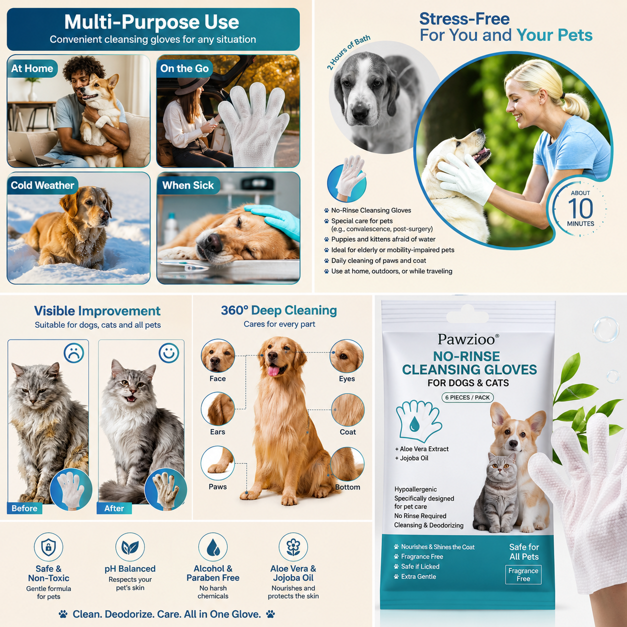 Pawzioo® Guanti Detergenti Senza Risciacquo per Cani e Gatti