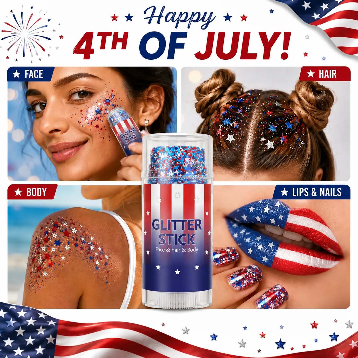 Red, White & Blue Mess-Free Glitter Stick for Festivals, Concerts & Kids' Parties