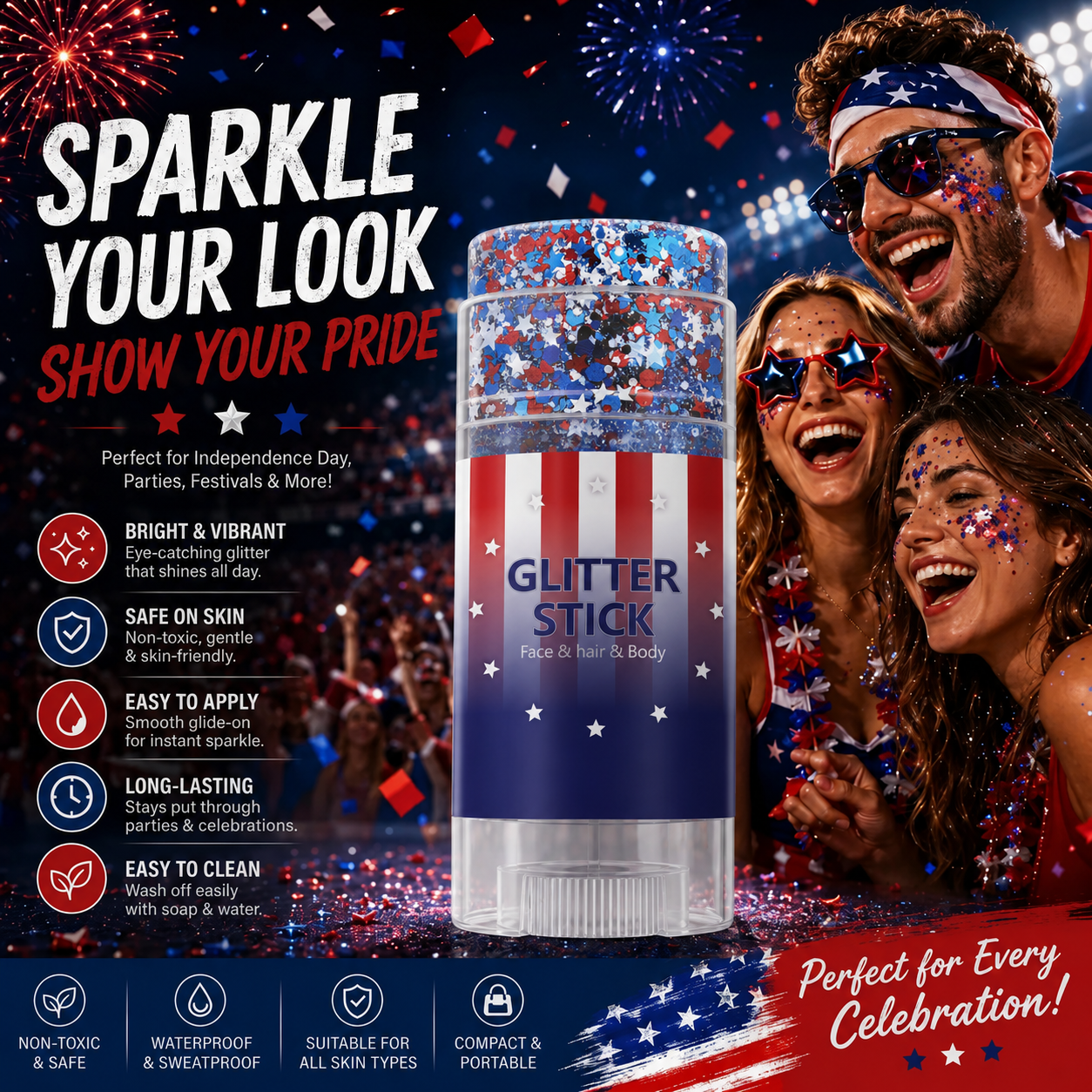 Red, White & Blue Mess-Free Glitter Stick for Festivals, Concerts & Kids' Parties